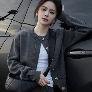 高级灰100%纯羊毛开衫女短款宽松休闲百搭针织棒球服毛衣秋冬外套