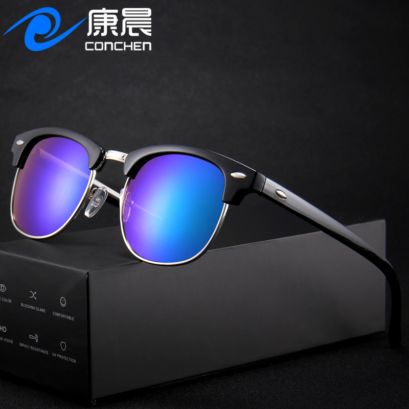 欧美新款男士开车半框太阳镜经典复古米钉墨镜女防紫外线太阳眼镜