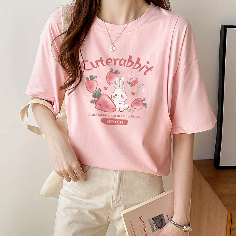 6597-88 핑크 프리 프레스 영어 무 토끼 큰 [느슨한 버전 짧은 소매]]