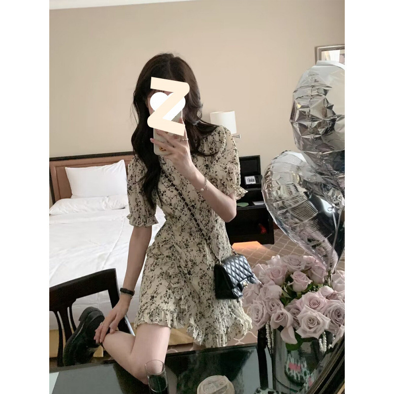 裙子女夏季温柔法式盐系穿搭轻熟在逃公主茶歇短裙收腰碎花连衣裙|undefined