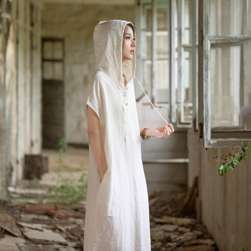 2026 Spring Cotton and Linen Women's Clothing Ramie Sand-Washed Long Dress Original Designer Style Zen-Inspired Cool and Serene Hooded Women's Dress