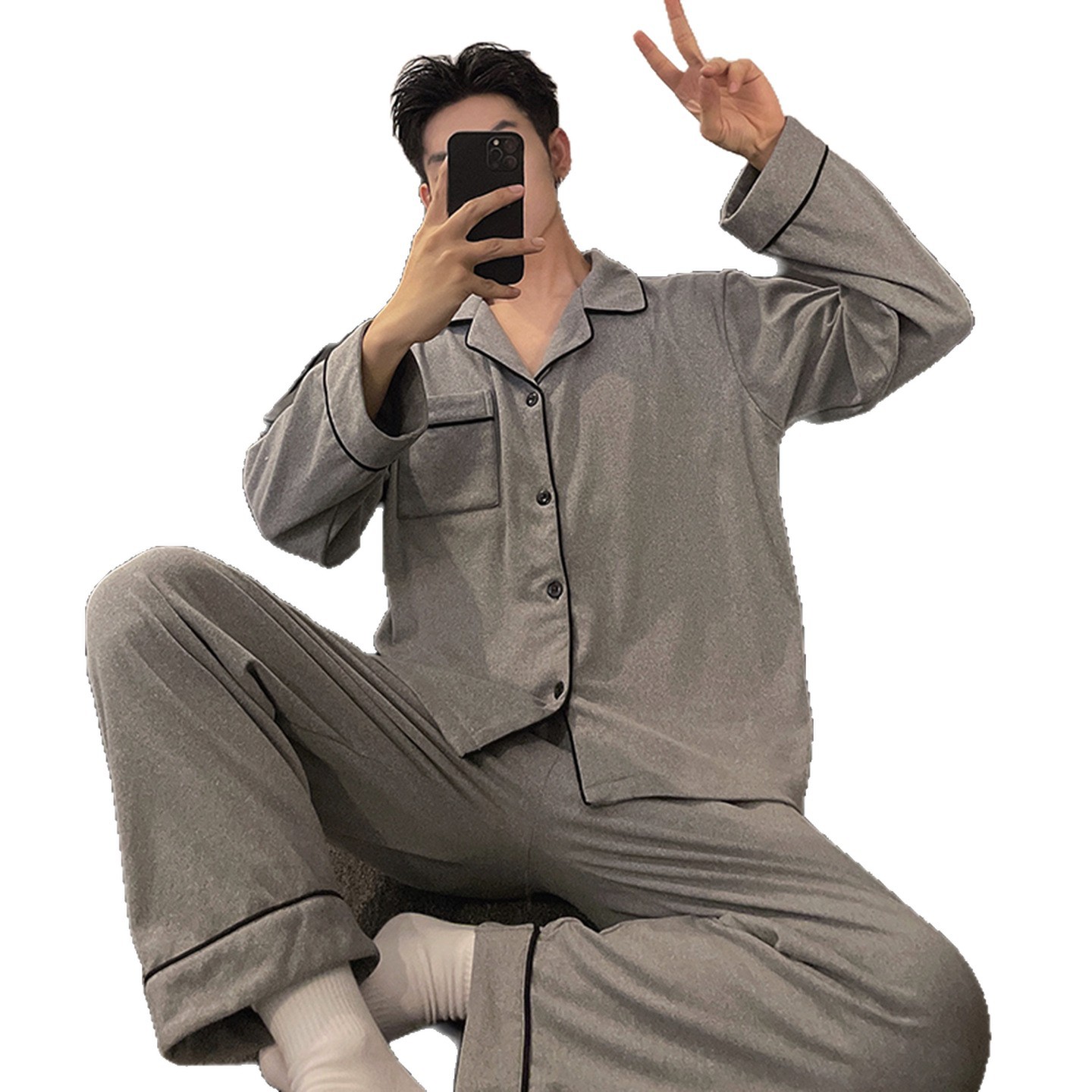 Pijamas de hombre de lana gris oscuro primavera y otoño invierno de coral con lana gruesa simple de tamaño grande ropa de hogar