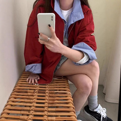 贸易潮美式复古撞色拼接格纹翻领夹克女2025春秋宽松休闲情侣外套