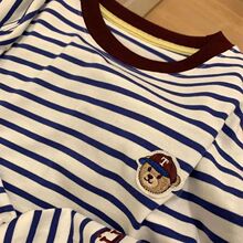 棉条纹刺绣长袖t恤女2025新款春秋季宽松大码圆领打底衫上衣潮