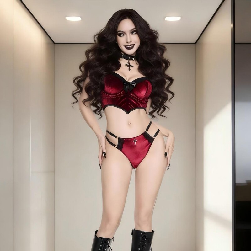 Cross-Border In-Stock Gothic Style Burgundy Velvet Lingerie Set with Beautiful Back Design, Sexy Strapless Corset, and Thong Underwear