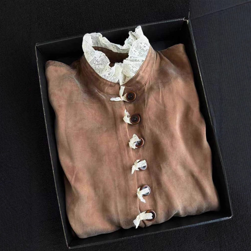 High-End French-Style Chic Top, Coffee-Colored Lace Button-Down Shirt for Women, Early Autumn, High-End, Light Luxury, Age-Reducing, Fashionable