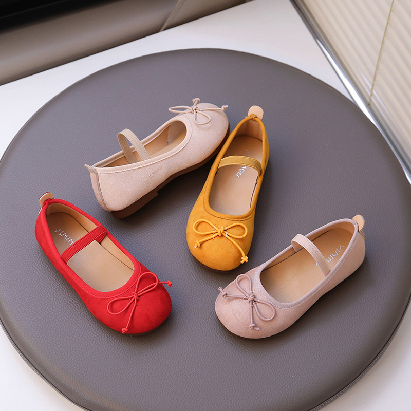 One-Line Shallow Suede Bow Ballet Flats for Women, Small, Medium and Large Children's Shoes, Size 23-34
