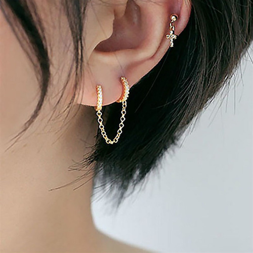 B109A Exquisite and Fashionable Women's Long Chain Earrings European and American Copper Inlaid Zirconia Double Ear Piercing One-piece Earrings