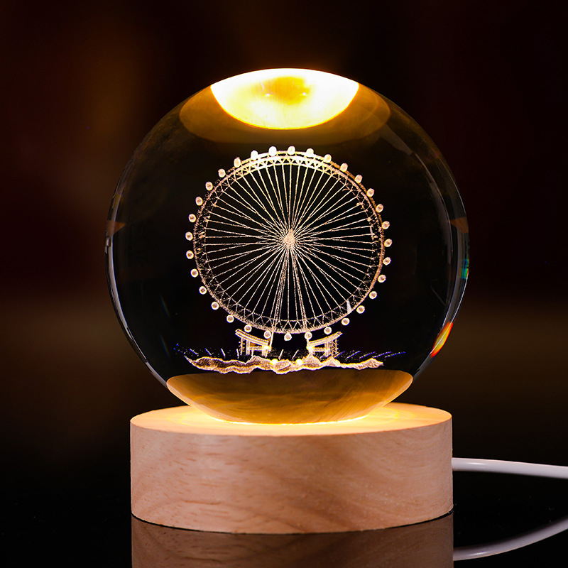 Bola de cristal luminosa lámpara de noche 3D esculpida estrella base de madera sólida regalo de cumpleaños decoración de escritorio creativa
