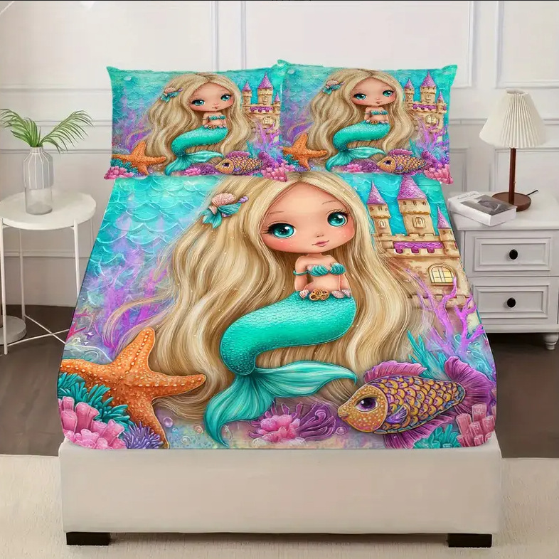 TEMU / JIT transfronterizo tejido doméstico niña sirena patrón 3D impresión digital cama