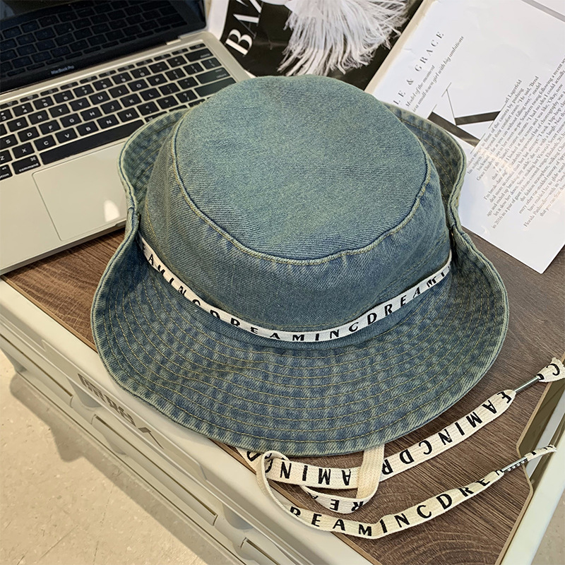 Gorra de pescador con cordones de letras retro coreanas para mujer, sombrero de lavabo de todo fósforo casual de primavera y verano, sombrero de montañismo de mezclilla occidental