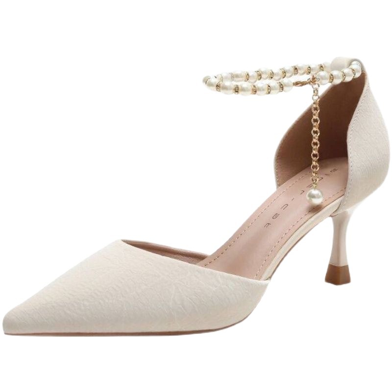 Zapatos de cabeza afilada para mujeres 2026 primavera nuevo estilo con perlas de hadas tacones altos blancos tacones delgados