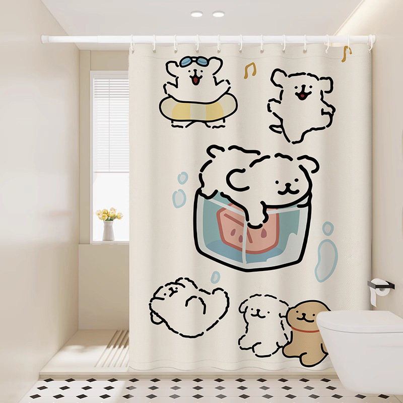 Cute Line Puppy Bathroom Waterproof Cloth Shower Curtain Bathroom Punch-Free Partition Curtain Shower Blocking Door Curtain Cartoon