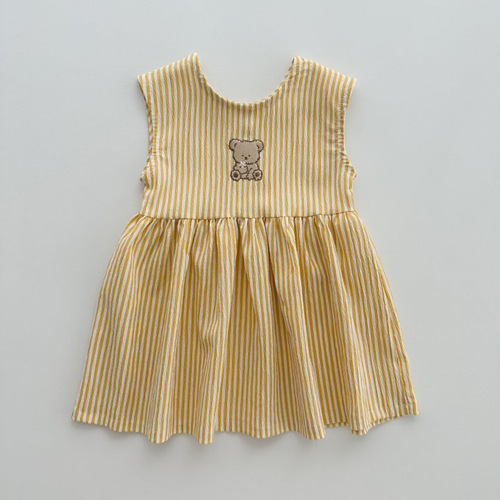 Korean version Ins children's dress summer girl's waistcoat small bear striped backless dress for young children princess dress