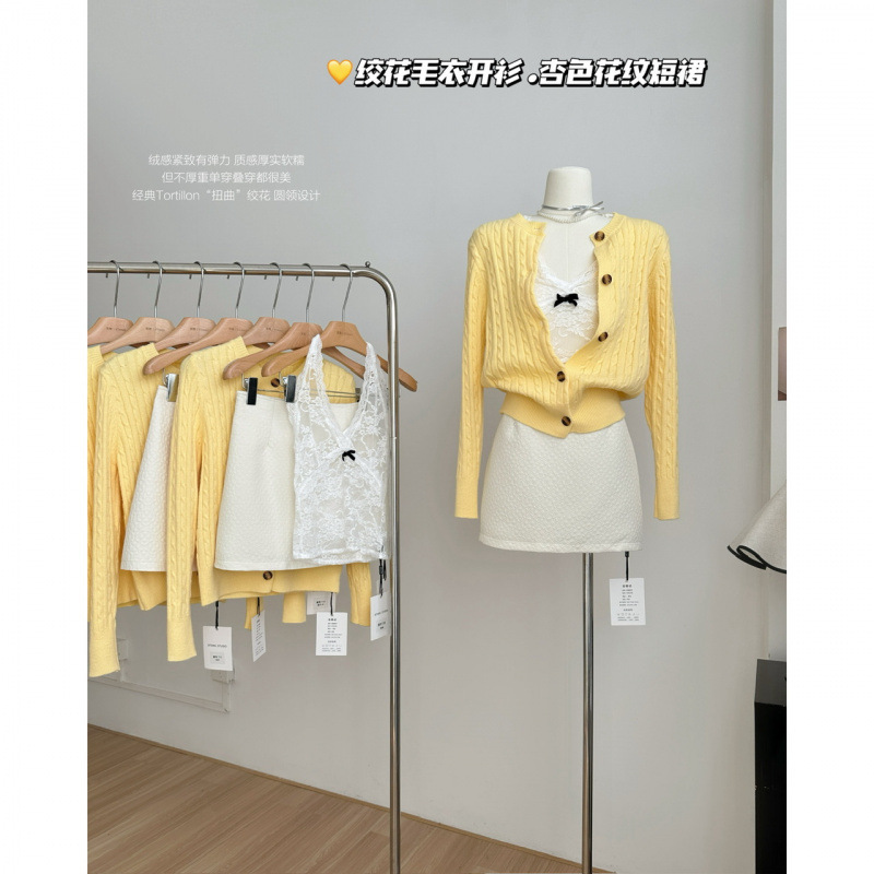Sena Korean Style Sweet Lace Vest Goose Yellow Twisted Sweater Jacket apricot Pattern Skirt Three-Piece Set for Women