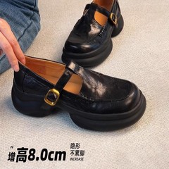 自留版 ~ レトロなビスケットの底の丸い頭のメアリー珍の靴の女性の厚い底の中で高くなる本革の靴の百合の小さい靴