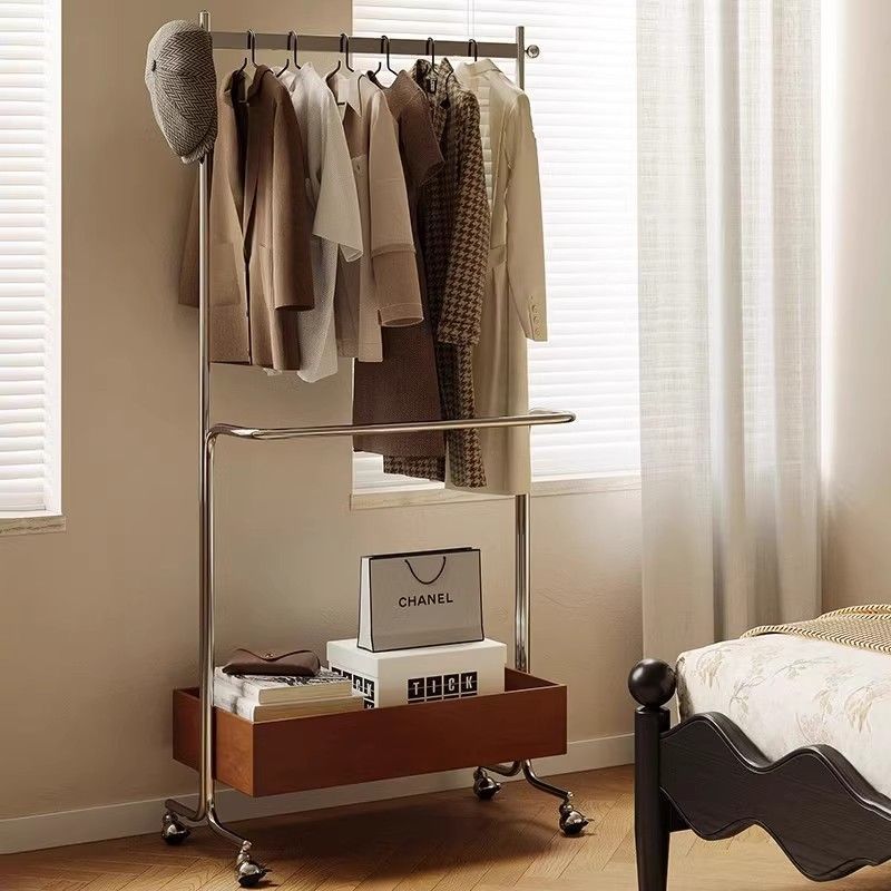 Stainless Steel Clothes Hanger Floor-Standing Bedroom Coat and Hat Clothes Hanger Mobile Coat Rack Home Art Storage Simple