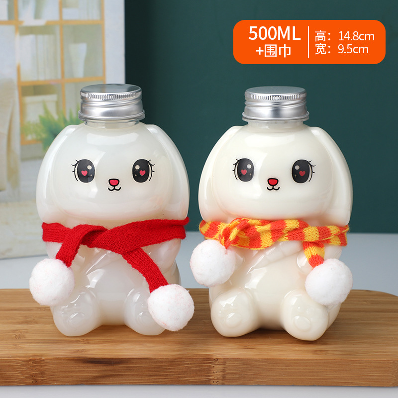Lindo conejito de dibujos animados leche té botella PET plástico para llevar leche té taza 500ml botella de bebida desechable
