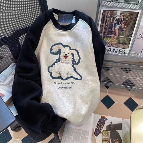 10 Cotton American Print Crew Neck Zip-Up Sweatshirt with Fleece and Thickening Women's Autumn/Winter Style Loose Trend Top for Men