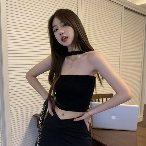 Hot girl halter neck camisole women's summer  new style inner and outer wear black slimming pure lust style short top