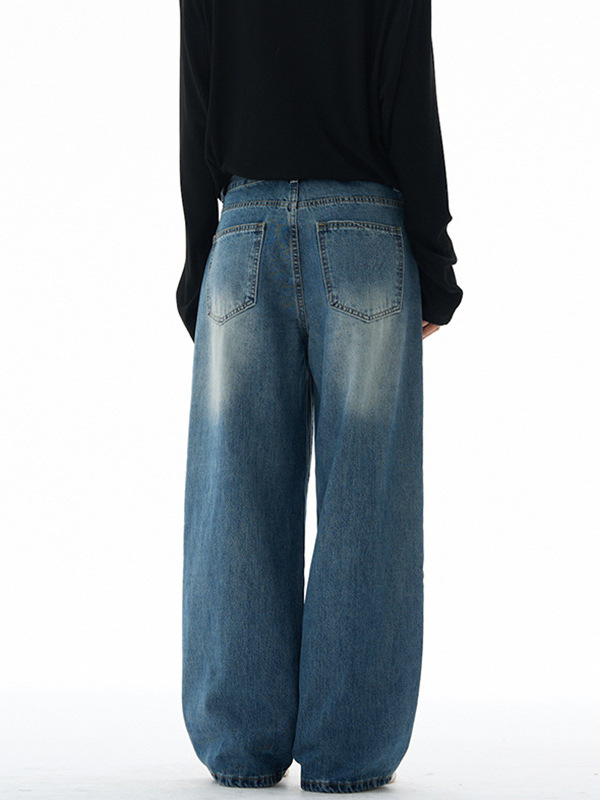 LKTM hombre americano clásico versátil lavado con agua gato barba jeans hombre y mujer vintage pantalones de piernas largas sueltas