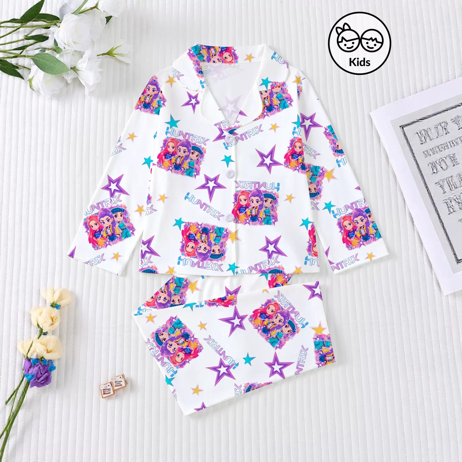 跨境外贸新款四季中童女孩睡衣套装长袖长裤开衫印花欧美童装睡衣