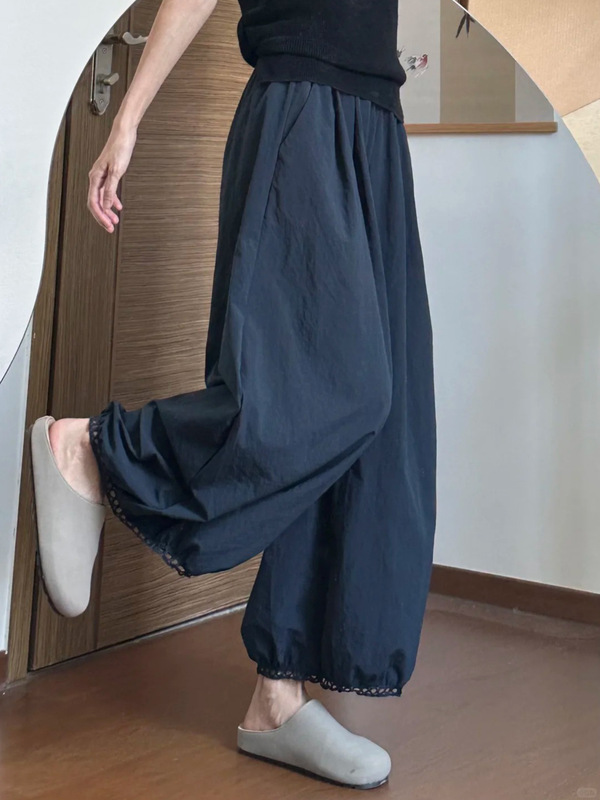 日系灯笼阔腿裤女夏薄款藏青色裤子大码胖显瘦小个子花苞九分裤|undefined