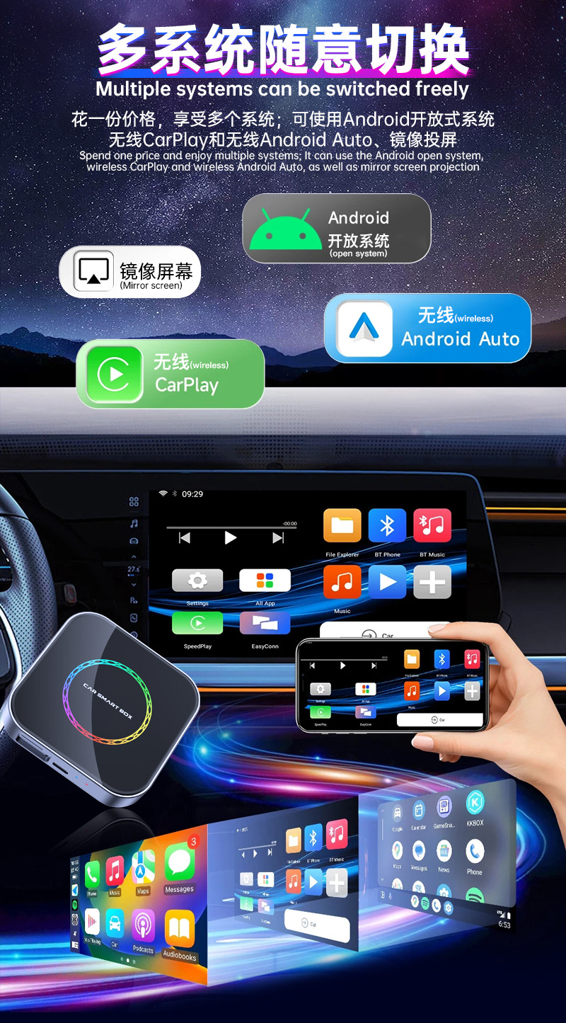 Best-selling wireless CarPlay to Android system smart box for cars with satellite positioning, 4G full network connectivity, and eight-core processor