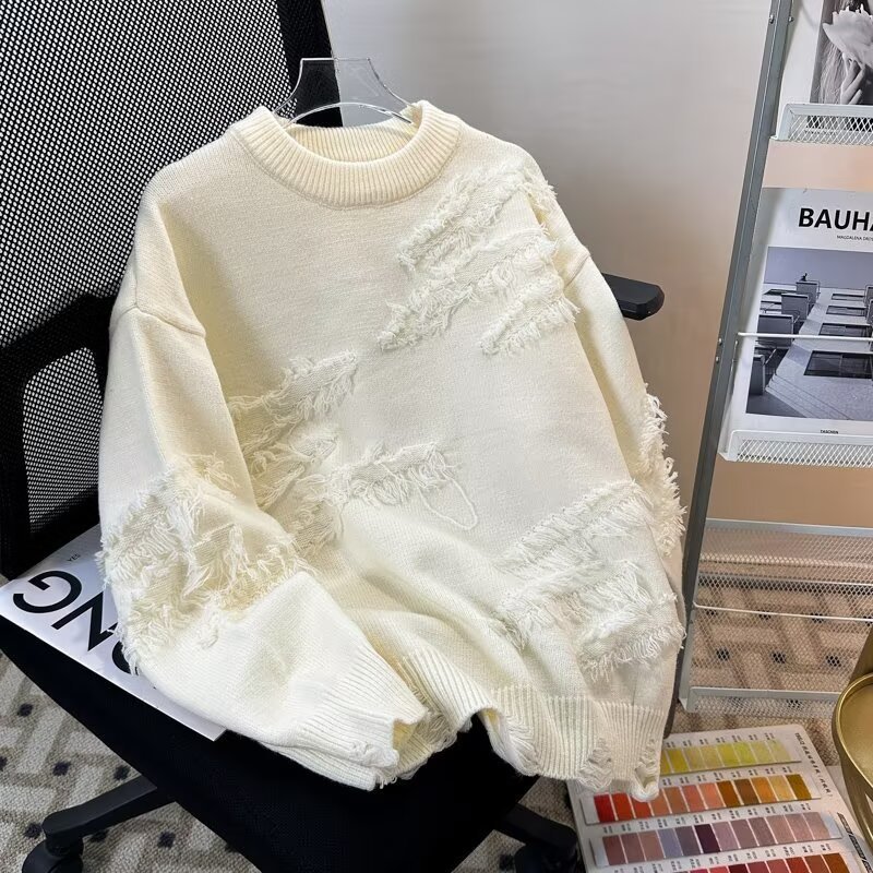港风提花套头毛衣男胖子大码圆领高街长袖针织衫设计感百搭打底衫|undefined