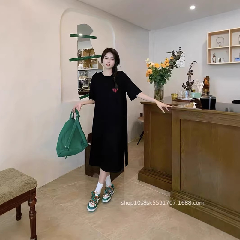 2026 New Summer Short-Sleeved T-Shirt Dress Korean Style Loose Knee-Length Dress Ins Fashion Dress Women's Mid-Length Summer Dress