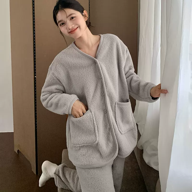 森岛秋冬新款纽扣家居服女纯色可外穿绒绒开衫睡衣宽松双面绒套装
