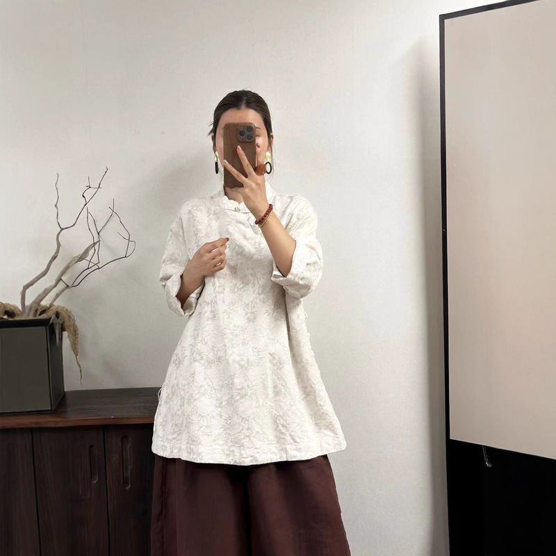 2025 秋新款 立领提花刺绣亚麻衬衫 宽松版文艺衬衣改良旗袍|undefined