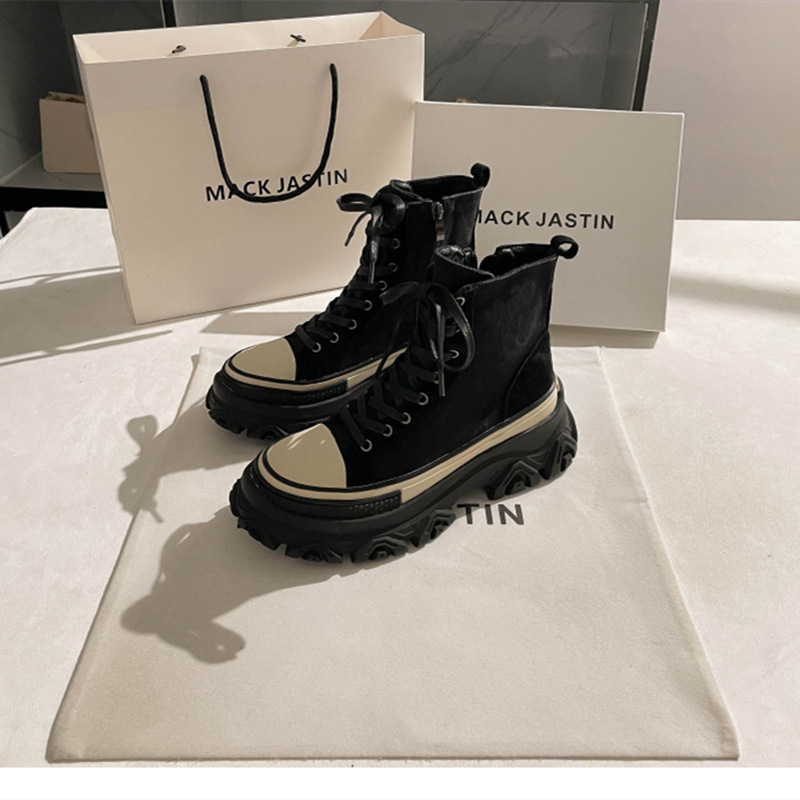 Luji genuine European station high-top denim canvas shoes women's 2024 spring new Martin boots thick-soled niche short boots_voghion.com