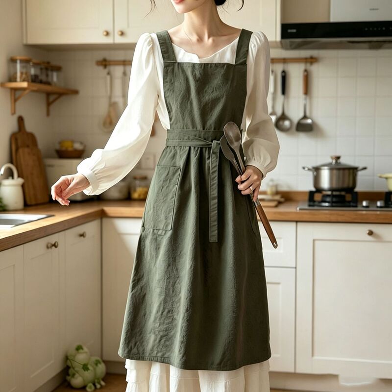 Korean-Style Artistic Apron for Home Kitchen, Women's Art Studio, Nail Salon Workwear, Flower Shop, with Printed Logo, Fashionable