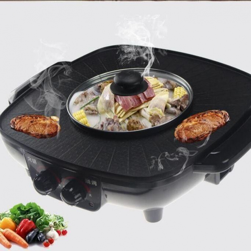 Olla eléctrica multifuncional para el hogar con función de grill, olla eléctrica antiadherente, parrilla para barbacoa, electrodoméstico de doble uso para calentar y cocinar.