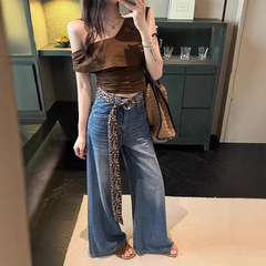 配腰带美式复古高腰阔腿牛仔裤女2025新款宽松显瘦百搭拖地直筒裤