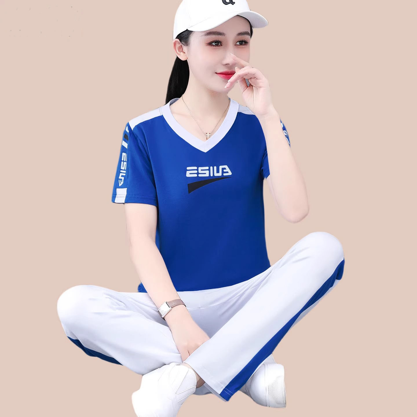 Conjunto de duas peças de roupa esportiva de algodão puro com gola redonda para mulheres, verão 2025, calças retas, uniforme de equipe de dança quadrada.