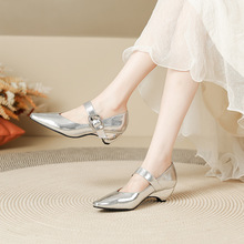 法式玛丽珍时尚鞋2025年春秋季新款小方头坡跟银色搭扣单鞋1059-3