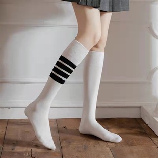 Four Bar Cuff Socks Grey Spring and Autumn Socks Women's Mid-length Socks Long Japanese Style Cute South Korea Internet Trendy JK Fashionable Ins Summer