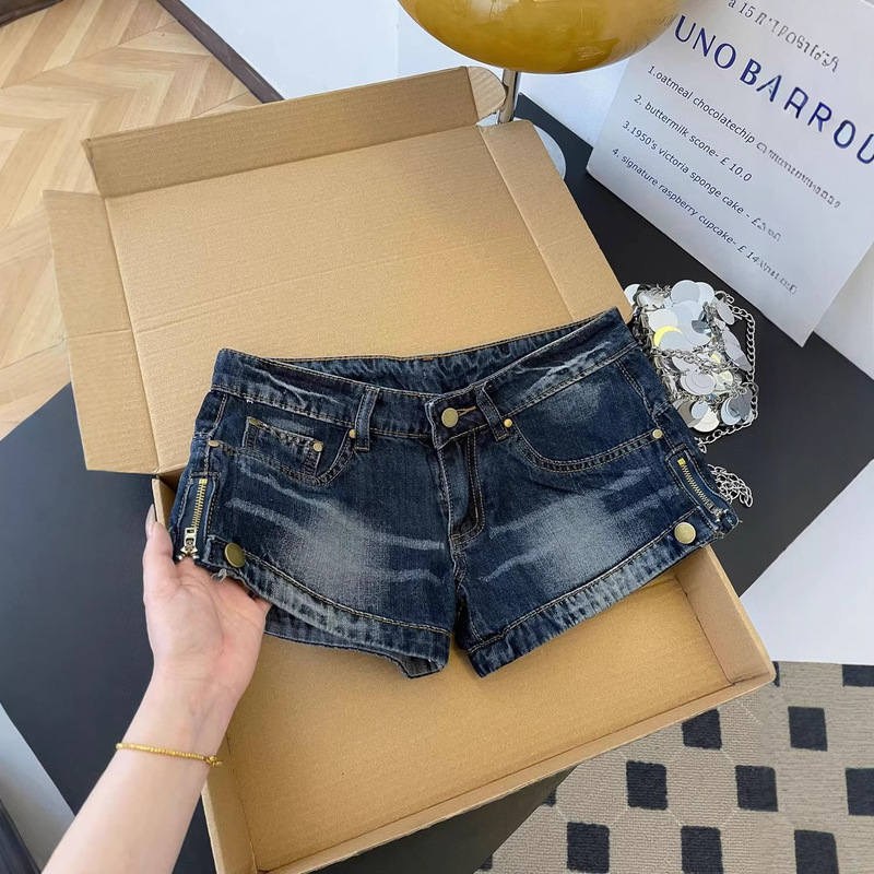 American-Style Design Side-Zip Denim Ultra-Short Shorts, New Summer Style, Low-Waist, Sexy, Washed, Butt-Lifting Hot Pants
