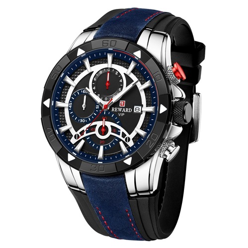Reward sports watch skin-friendly silicone band contrasting color waterproof luminous chronograph men's watch three eyes six needle men's watch