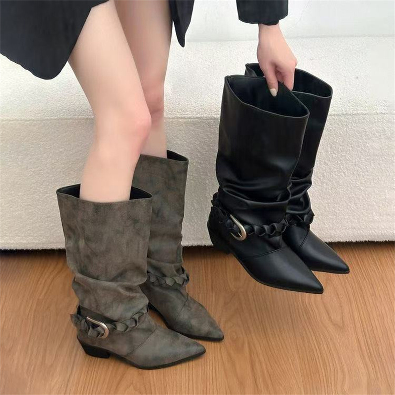 [In Stock] Vintage Style Pointed Toe Stacked Boots for Women, New