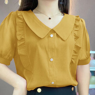 High-end ice silk chiffon shirt doll collar short-sleeved shirt for women summer new loose style shirt women's tops for women