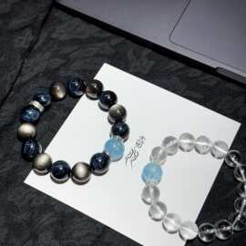 手串男款天然银黑曜石海蓝宝水晶蓝虎眼补水情侣手链七夕生日礼物