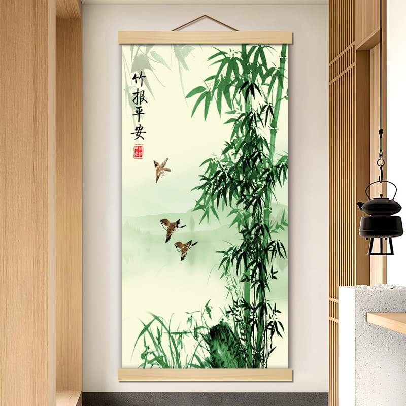 M40竹報平安柱図石竹図巻物掛け絵書斎客間装飾画|undefined