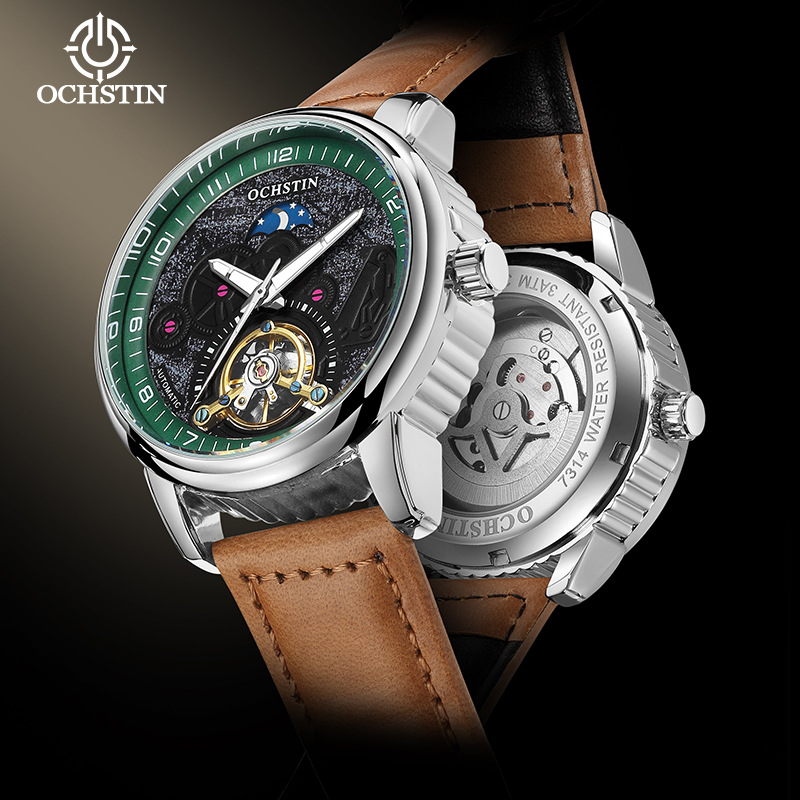 Ochstin New Men's Fashion Casual Carved Cut Out Moon Phase Flywheel Mechanical Men's Watch Automatic Mechanical Watch