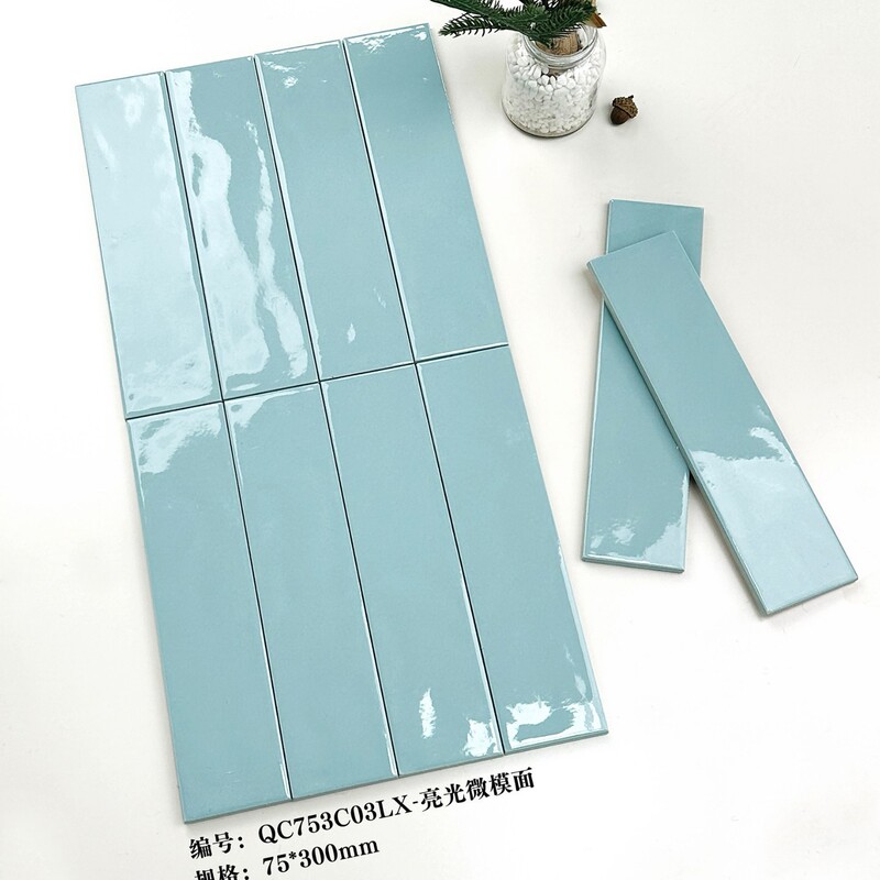 Modern Minimalist Green-Blue-White Glossy Long Strip Tiles 75*300 for Milk Tea Shops, Restaurants, Guesthouses, Kitchens, and Bathrooms