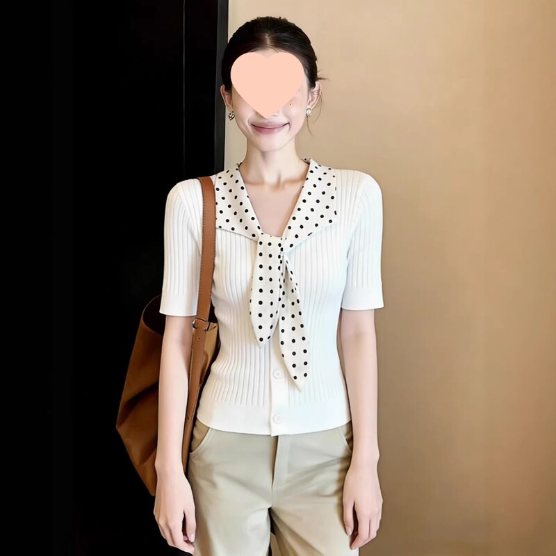 White Polka Dot Tie-Neck Short-Sleeve Knit Cardigan for Women, 2026 New Summer Design, Stylish Top