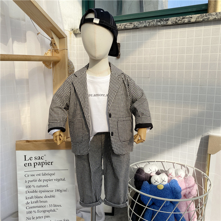 2024 tidig vår Koreansk klädsel Nya barnkläder för pojkar höstrutig kostym, byxor, kostym tvådelat set trendigt_voghion.com