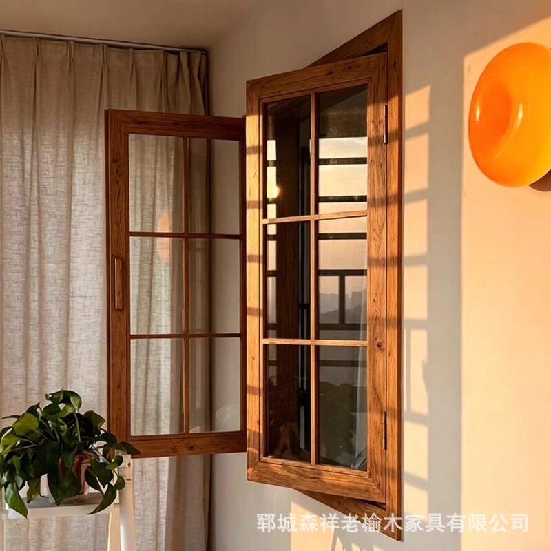 Vintage Elm Wood Windows Solid Wood Doors and Windows for Coffee Shops and Bubble Tea Shops Sliding Windows Solid Wood Folding Windows Old-fashioned Wooden Windows
